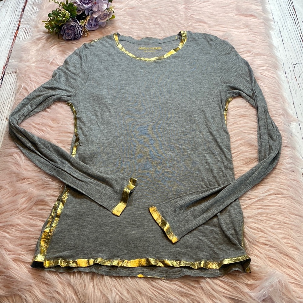 Zadig & Voltaire Willy Gold Grey Long Sleeve Tee sz XS